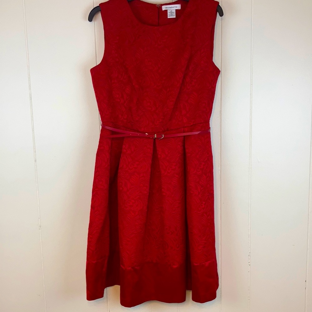 Red Liz Claiborne Pleated dress with belt. Size 12. EUC.